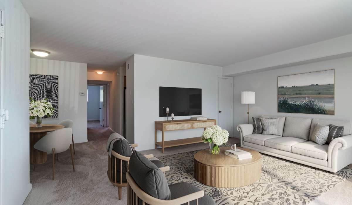 Model apartment living room at Country Club Apartments in Hampton, Virginia