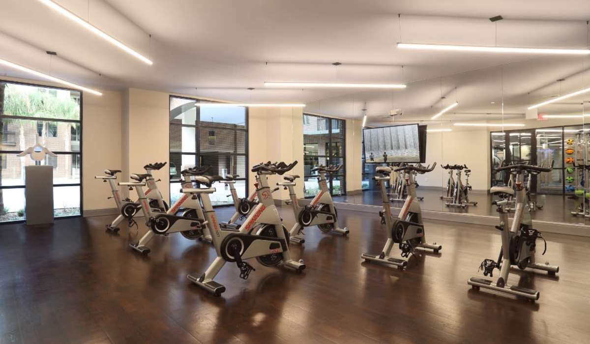 Stationary bikes in the fitness center at Tate Tanglewood in Houston, Texas
