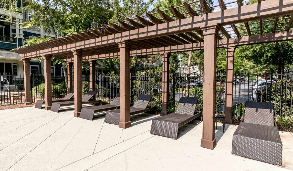 Shaded loungers at The Reserve at Johns Creek Walk in Johns Creek, Georgia