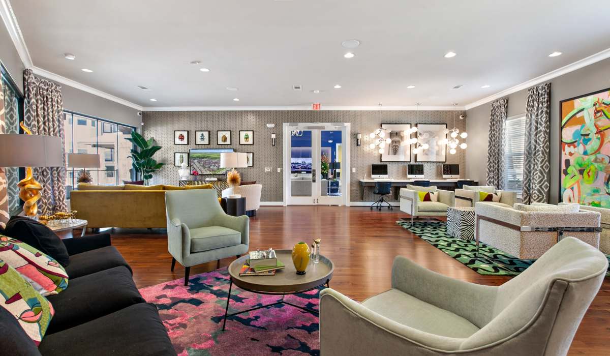 Lounge area with lots of seating at Sadler House in San Marcos, Texas, 