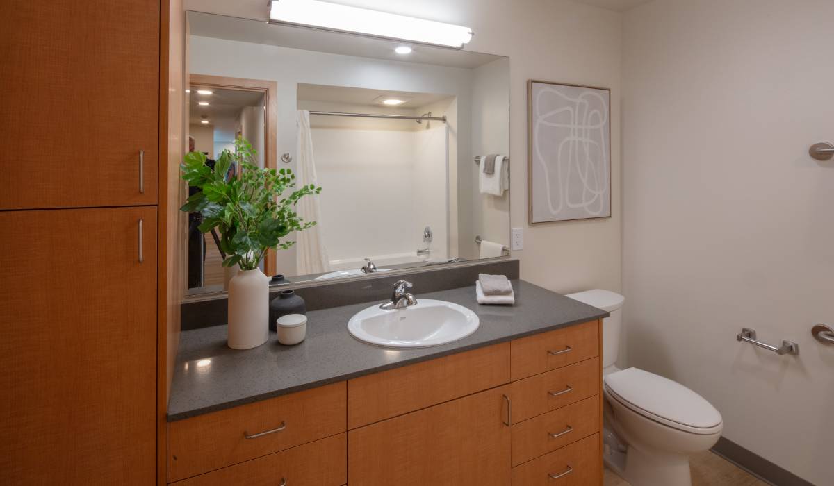 Modern and minimalist bathroom at Bryant Manor North in Seattle, Washington