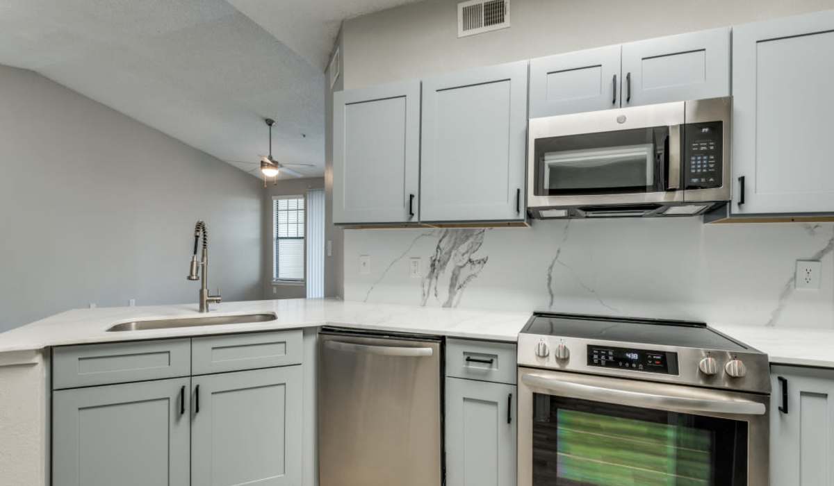 Kitchen with microwave and dishwasher at Devi at Valley Ranch in Irving, Texas