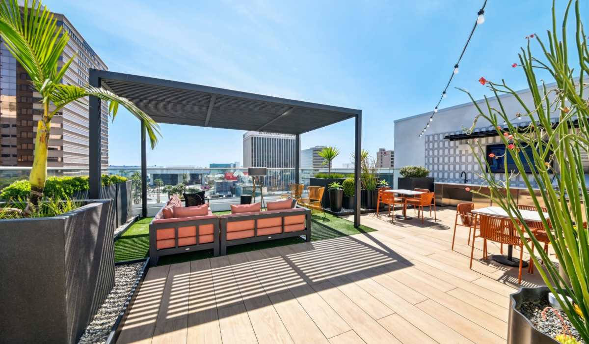 Outdoor lounge at Aster in Long Beach, California