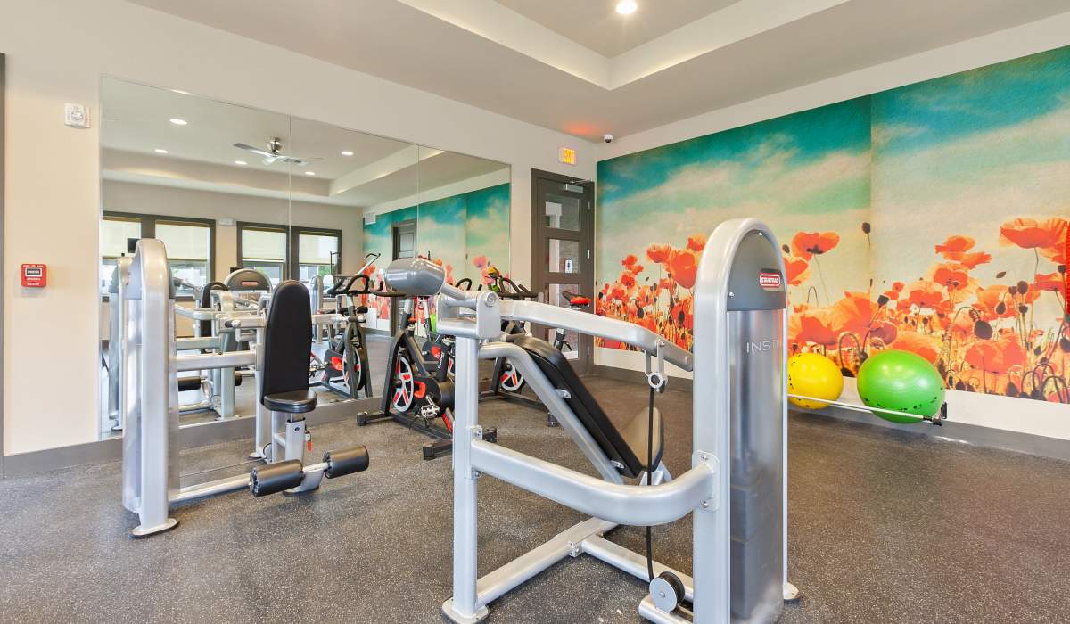 Fully equipped fitness center at Canyon House in New Braunfels, Texas