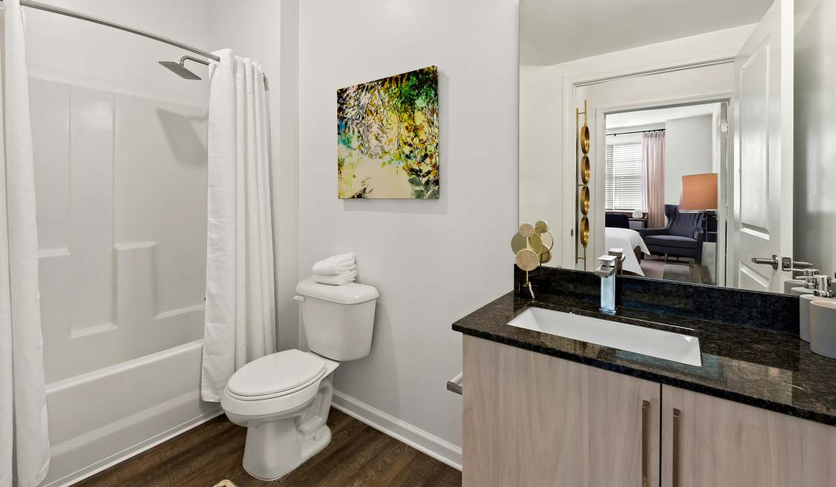 Bright bathroom with sink, mirror and tub at Elevate at Topside in Louisville, Tennessee