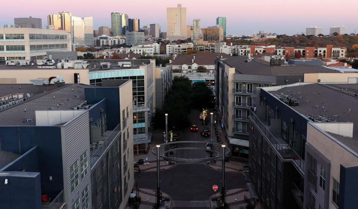Drone view of the city near The Lofts At West 7th in Fort Worth, Texas