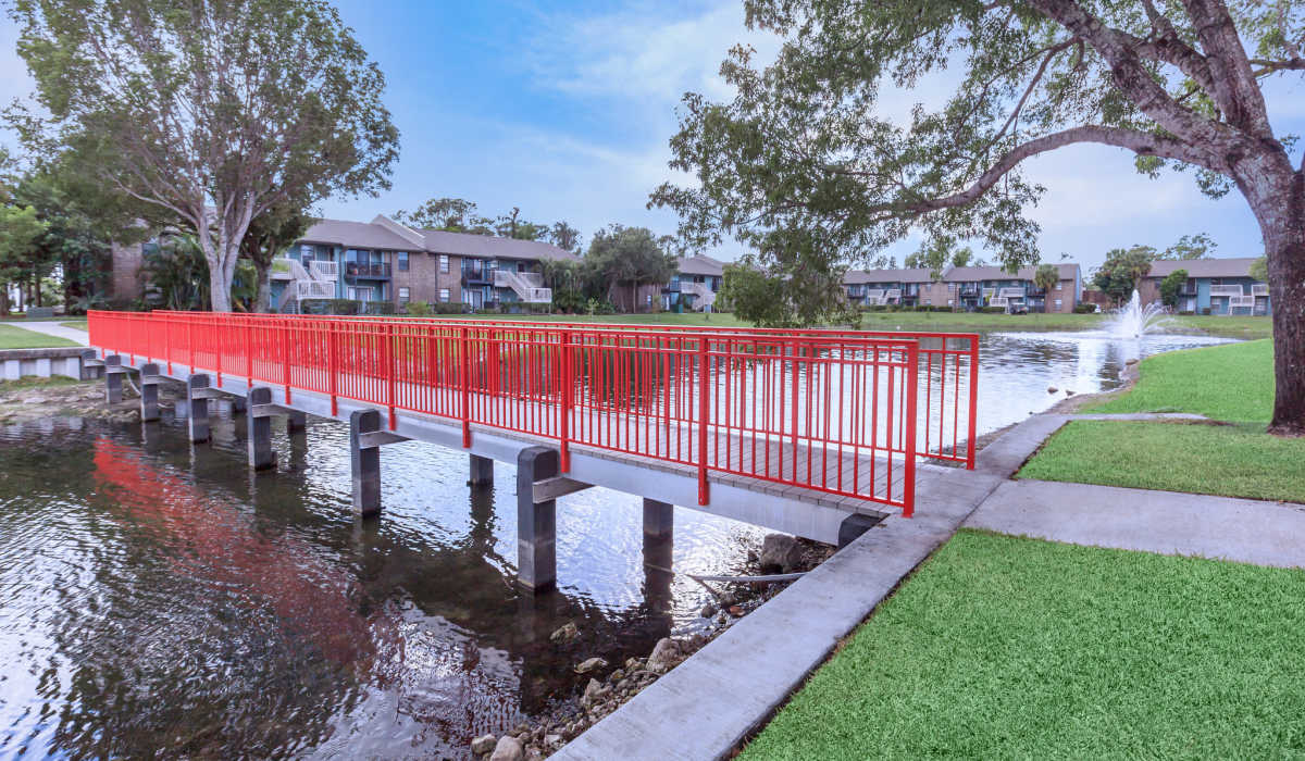 Bridge over the pond at Fountains at Forestwood in Fort Myers, Florida