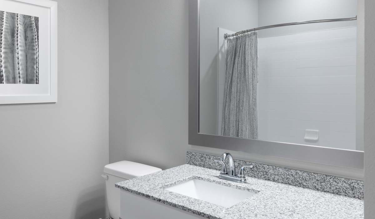 Bathroom with shower and tub at Vale Overland Park Apartments in Overland Park, Kansas,  