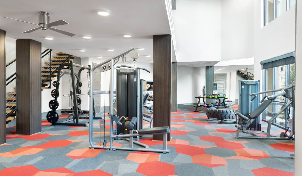 State-of-art fitness center at Vale Overland Park Apartments in Overland Park, Kansas, 