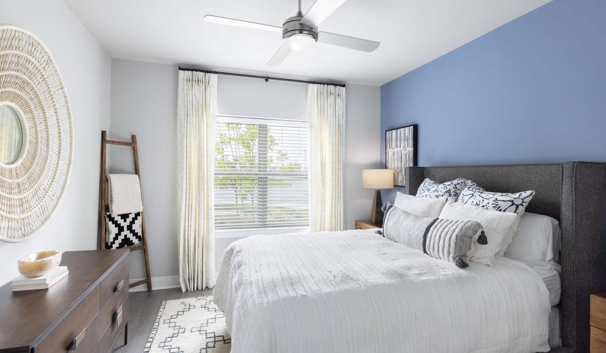 Bright bedroom at Vale Overland Park Apartments in Overland Park, Kansas,  