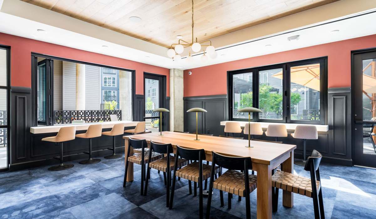 Clubhouse dining area with cendelier at Channel House in Raleigh, North Carolina