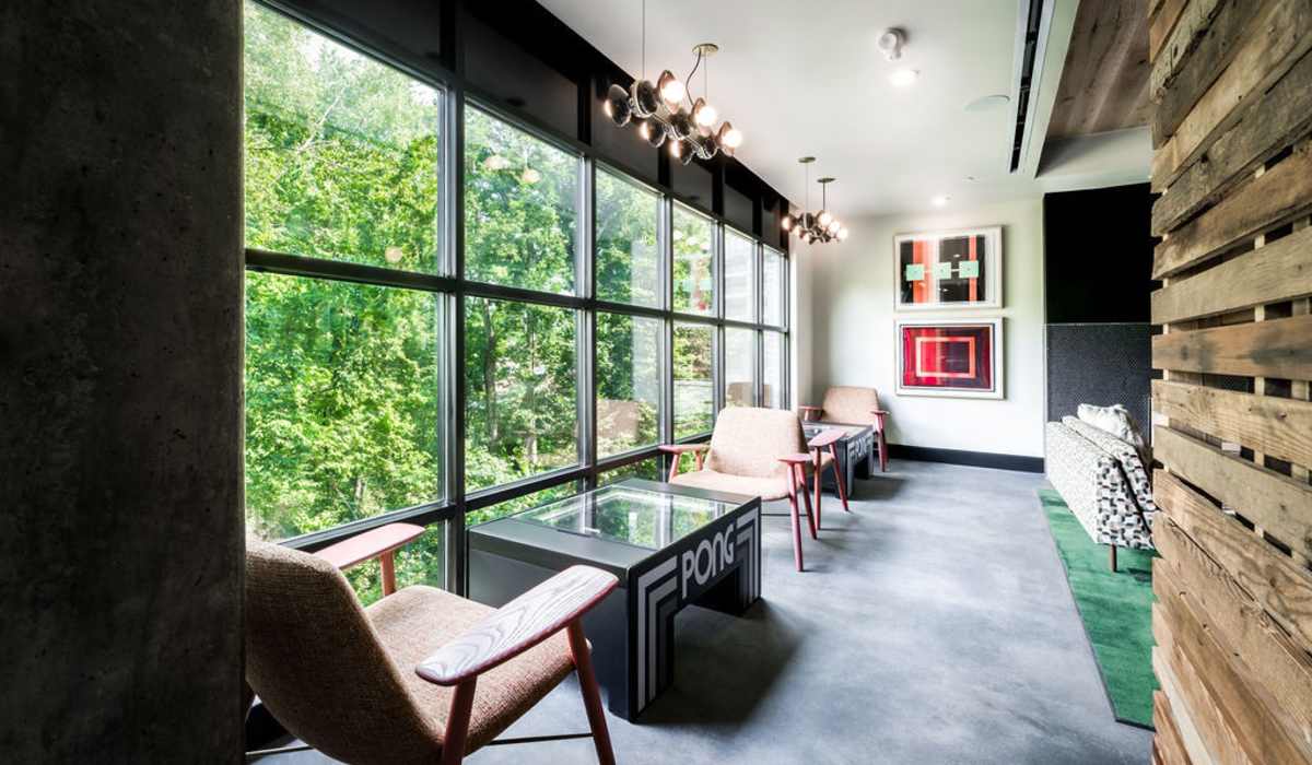 Lobby with full height window at Channel House in Raleigh, North Carolina