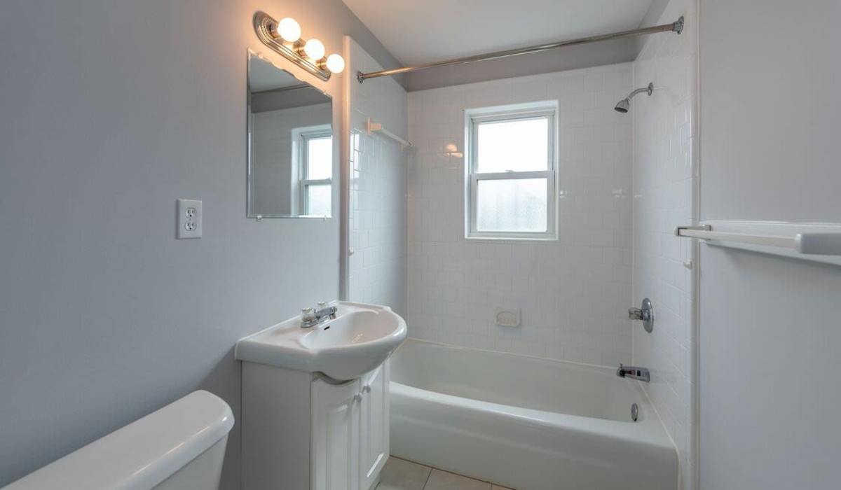 Bright bathroom at Oak Ridge Apartments in San Antonio,Texas