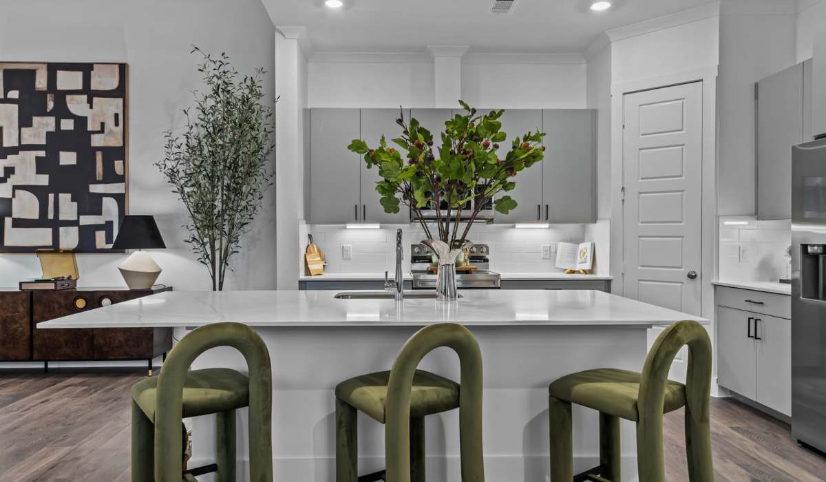 Kitchen with quartz counters at Luxe Of Buda in Buda, Texas