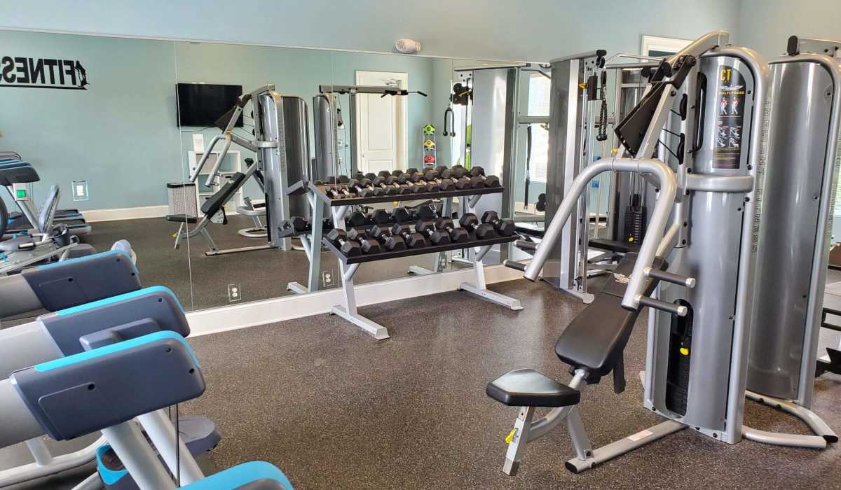 Community fitness center with a variety of equipment at Palisades at The Park in Greenville,South Carolina