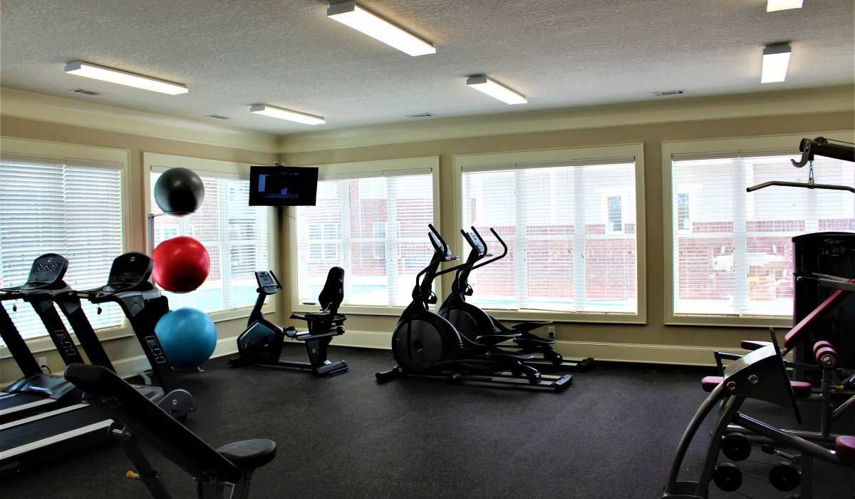 Fitness center with strength-training equipment at Palisades of Fountain Inn in Fountain Inn, South Carolina, 