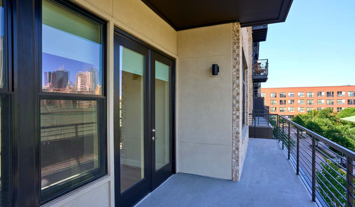 Bright living room at Pearl Lofts in Dallas, Texas