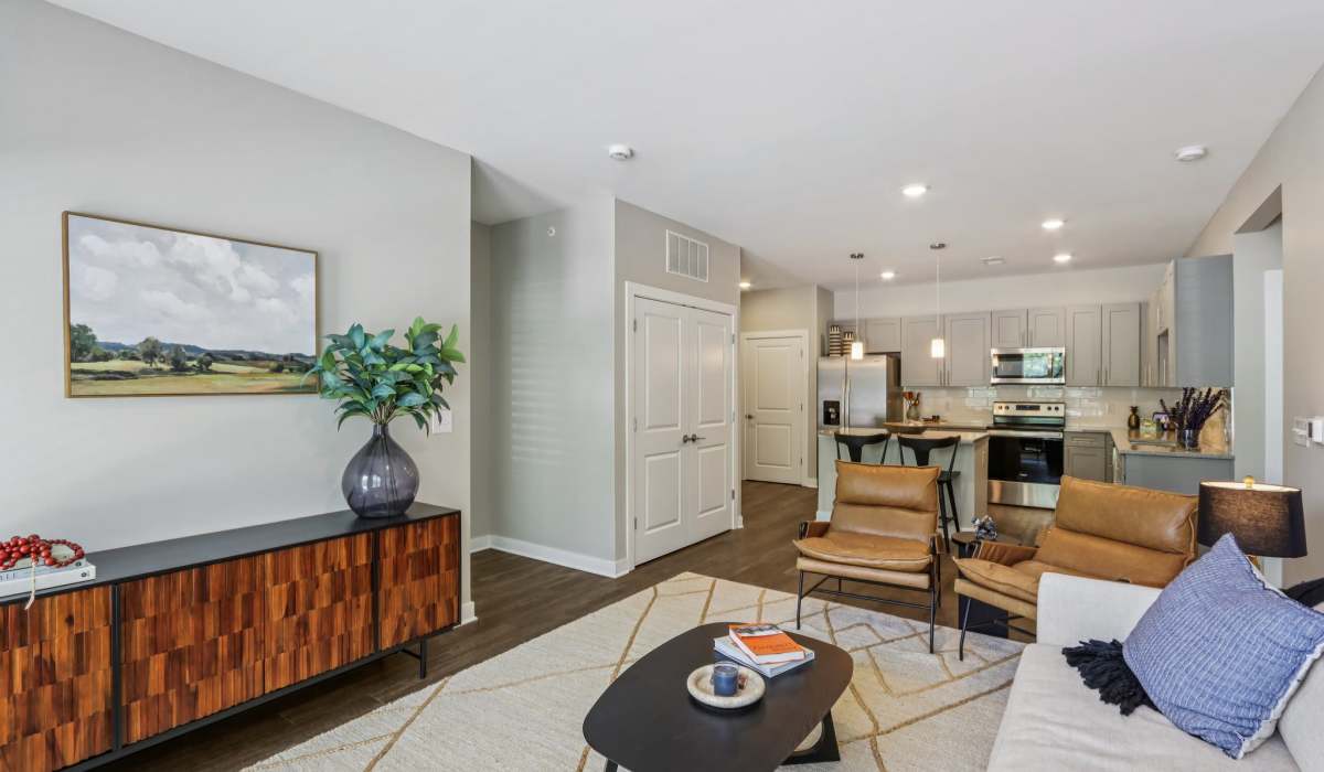 View of the kitchen from the living room at Founders Pointe Apartments in Franklin, Indiana