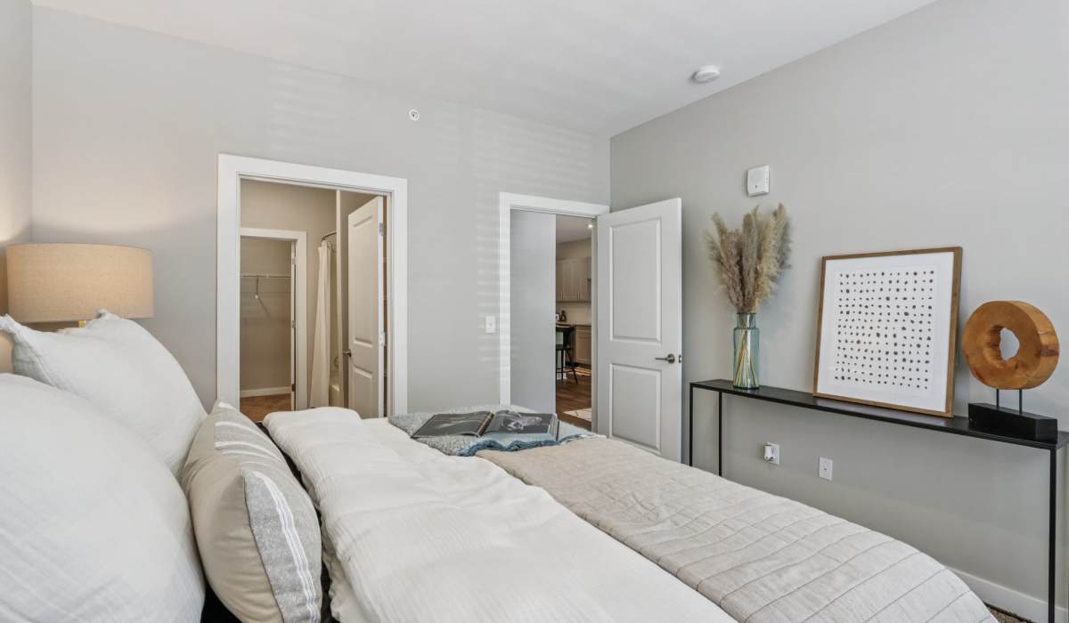 Bedroom with a comfortable bed at Founders Pointe Apartments in Franklin, Indiana