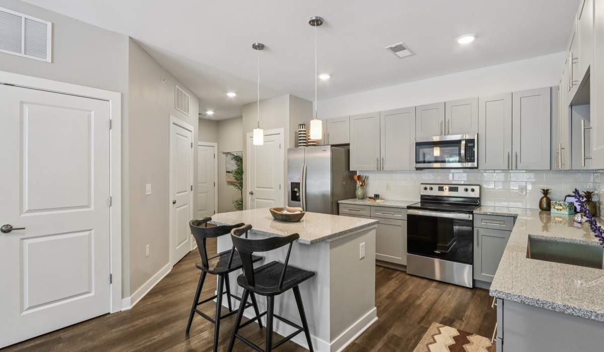 Modern kitchen with stainless-steel appliances at Founders Pointe Apartments in Franklin, Indiana