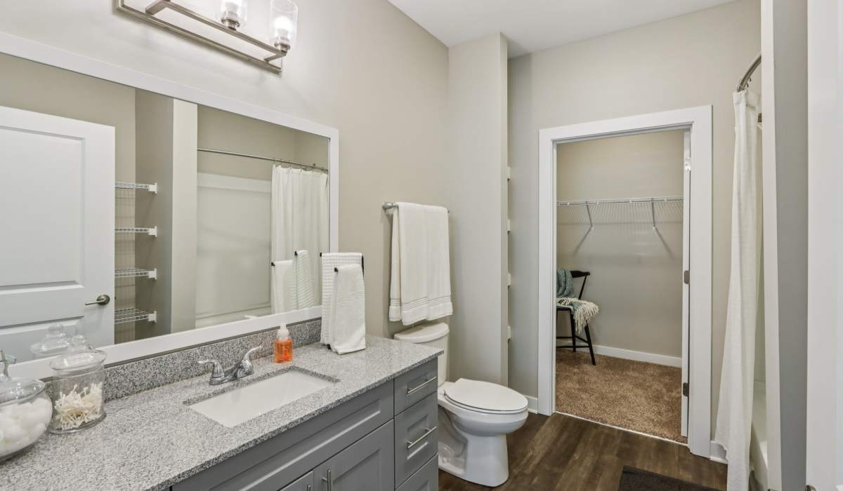 Bathroom with a toilet and a large mirror at Founders Pointe Apartments in Franklin, Indiana