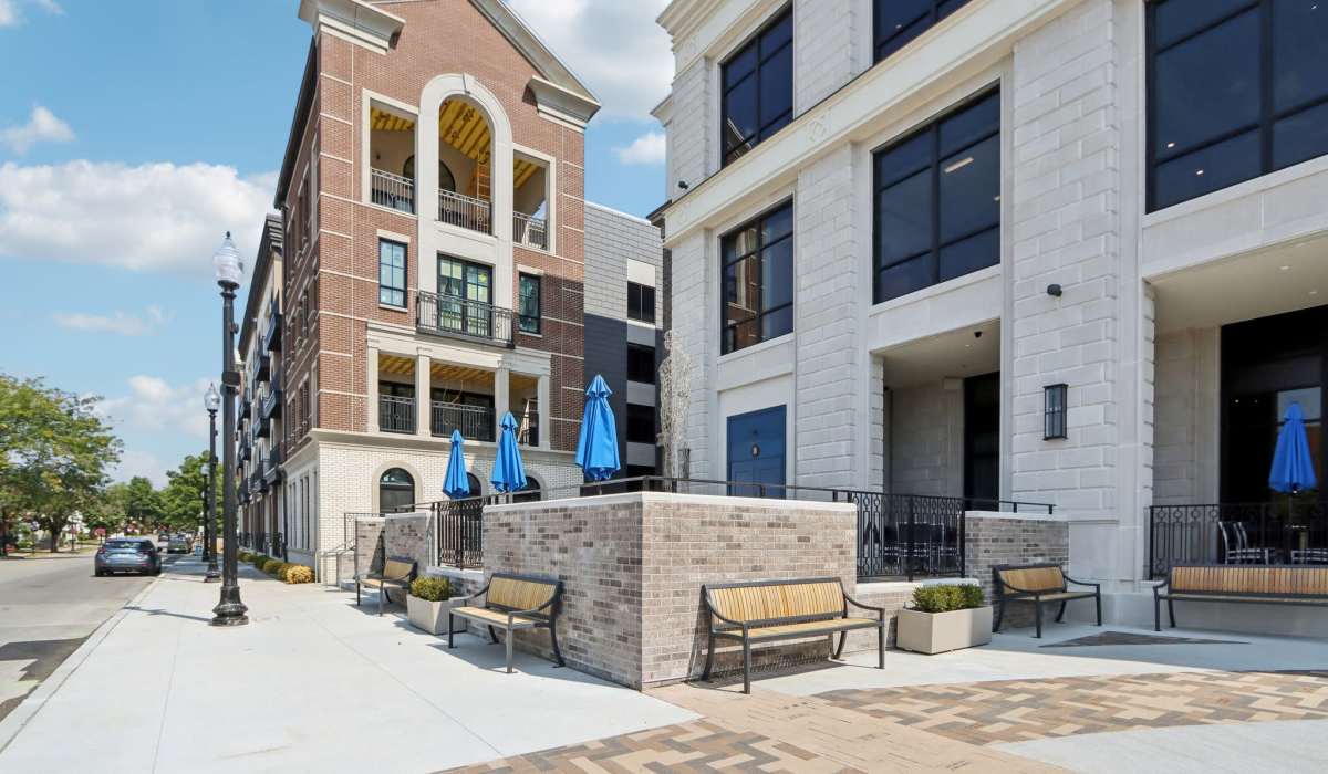 Outside seating area near sidewalk at The Apartments at 1st on Main in Carmel, Indiana