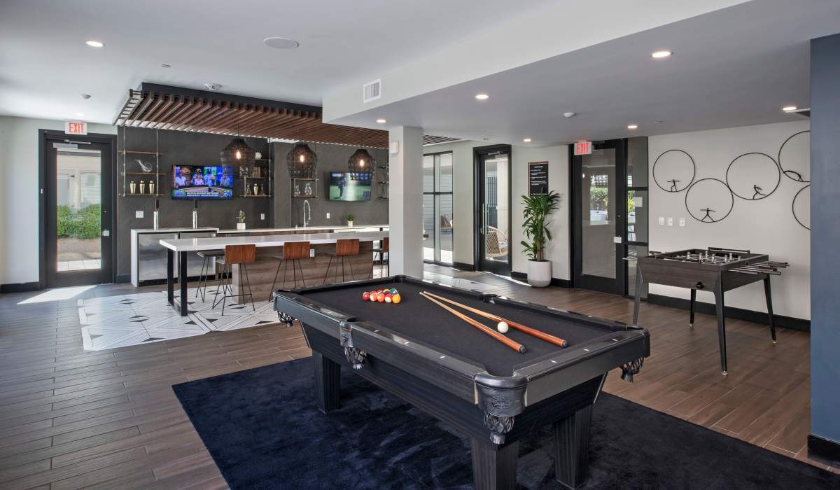 Sports lounge and billiards at The Dylan Apartment Homes in Hercules, California