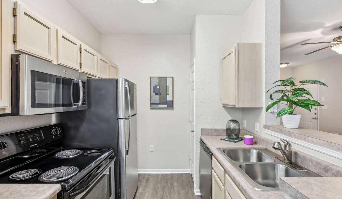 Spacious kitchen with ample counter space and cabinetry and wood style flooring at Sole at Citrus Park apartments in Tampa, Florida.
