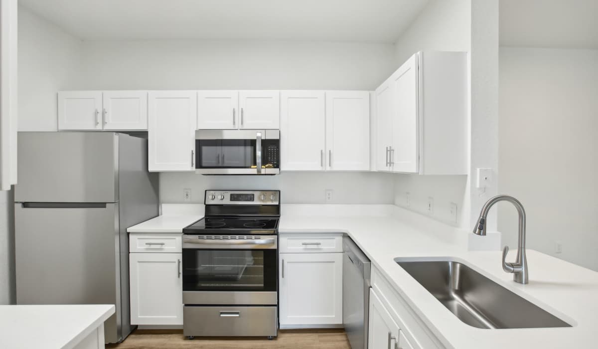 Beautifully renovated kitchen with stainless steel appliances, farmhouse sink, white cabinetry, and granite countertops at Sole at Citrus Park apartments in Tampa, Florida