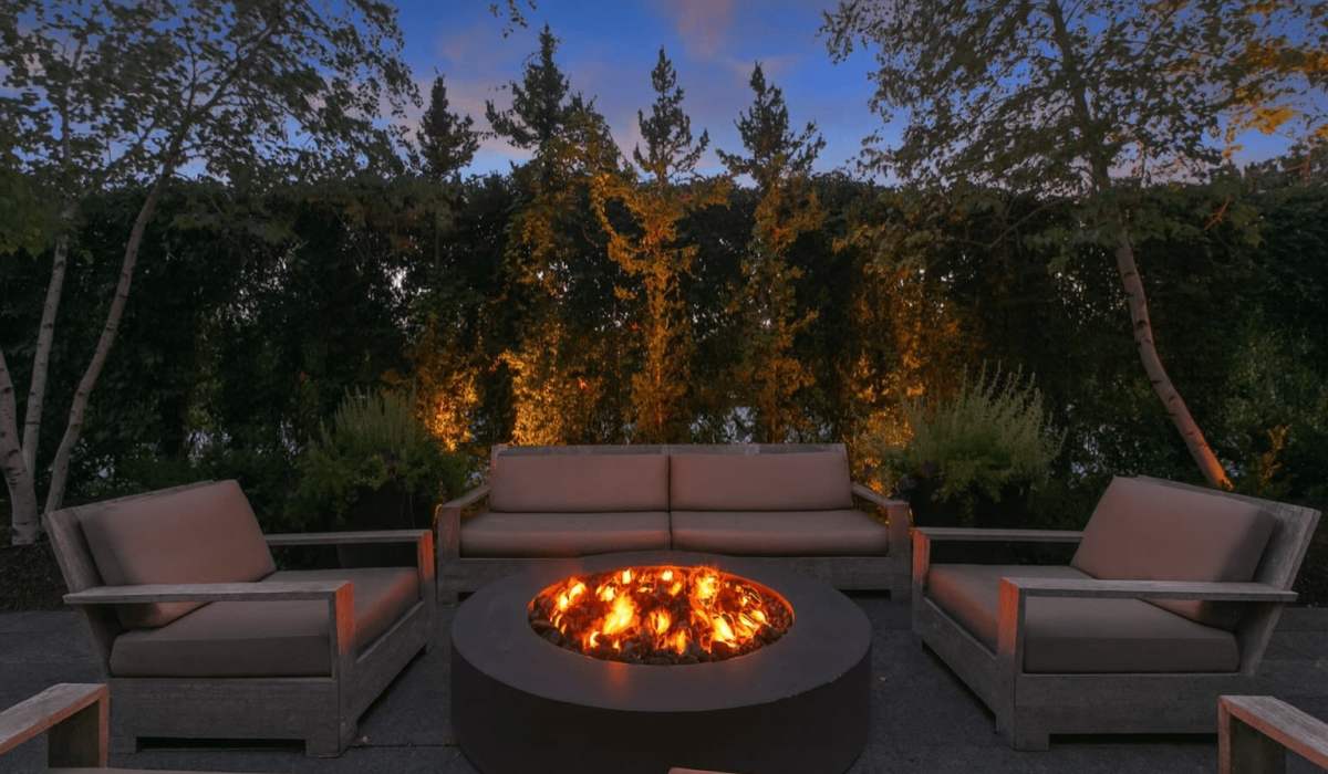 Cozy outdoor fireplace at Cedars of Edina in Edina, Minnesota