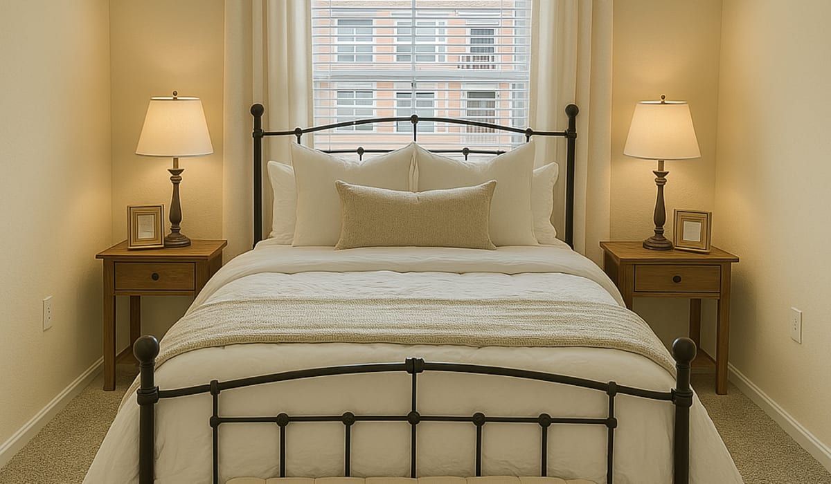 Modern bedroom at Burkart Crossing Apartments in Seymour, Indiana