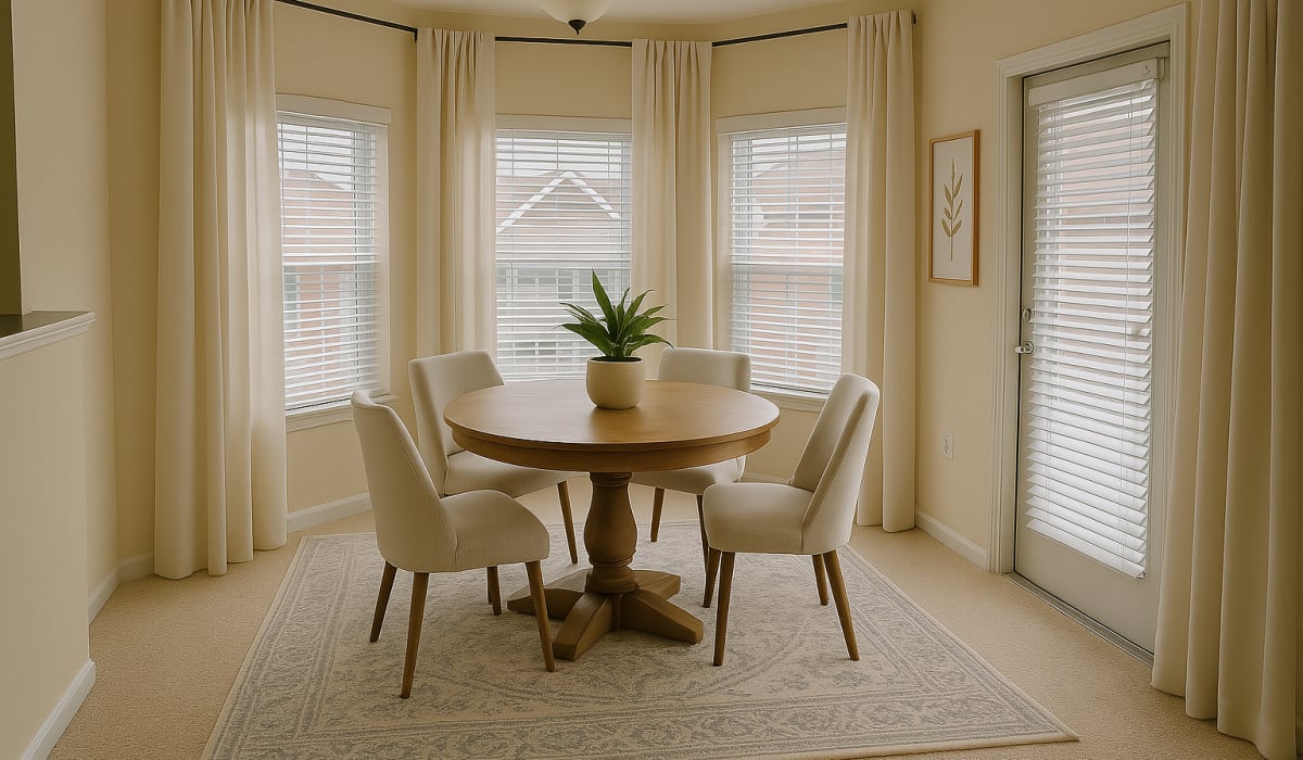 Separate dining room with ambient lighting at Burkart Crossing Apartments in Seymour, Indiana
