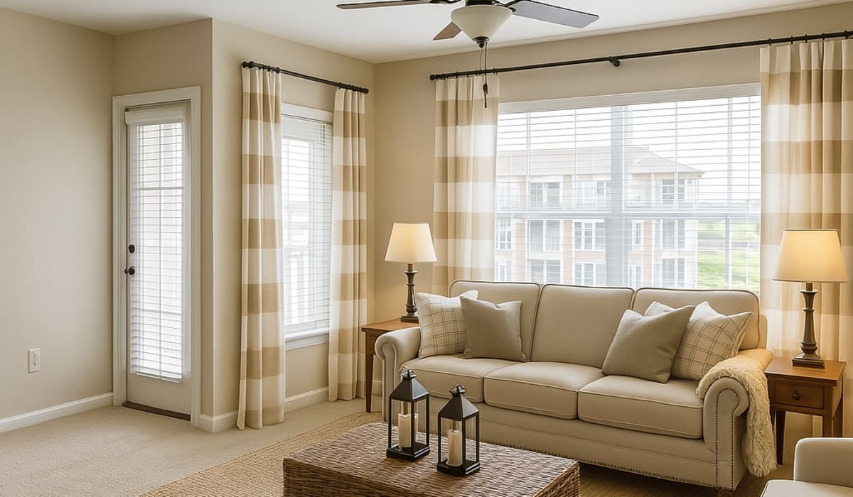 Spacious living room with couch and ceiling fan at Burkart Crossing Apartments in Seymour, Indiana