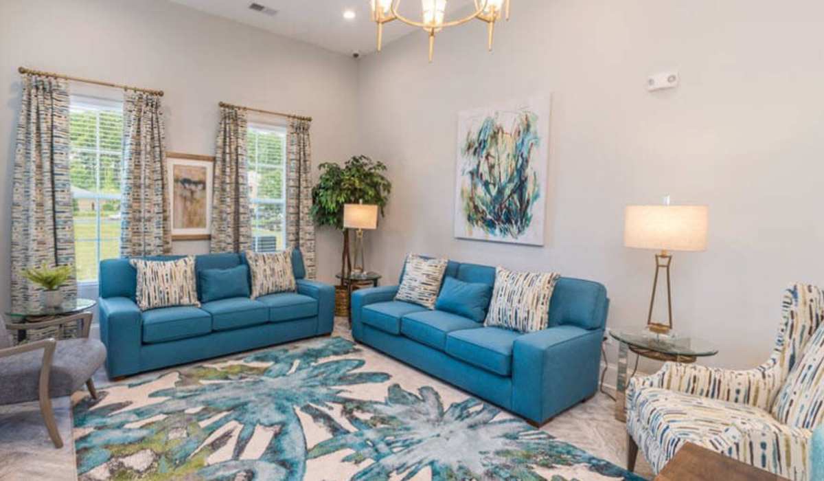 Clubhouse with ambient lighting at Palisades at New River in Hardeeville, South Carolina