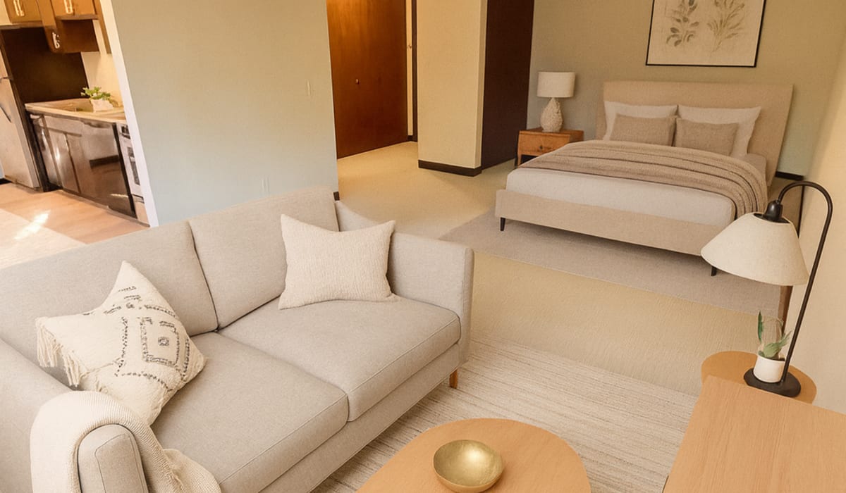 Studio bedroom and living area at Cedars of Edina in Edina, Minnesota