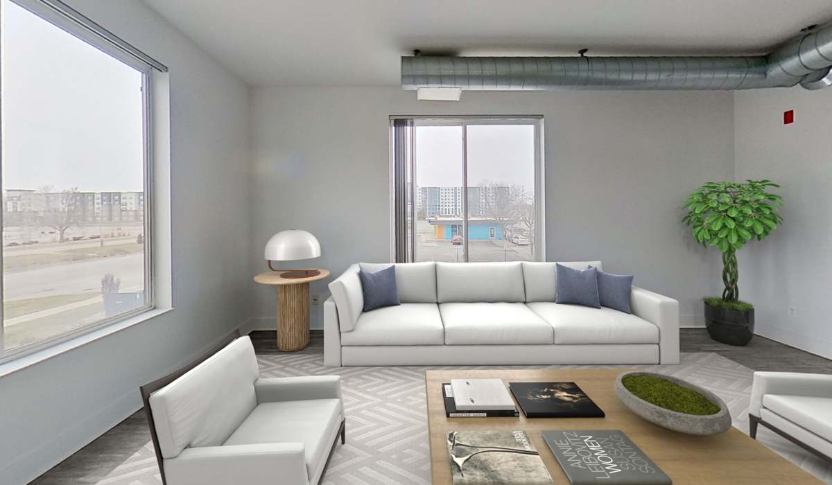 Ultra-modern living room in a model apartment at Midtown Lansing Apartments in Lansing, Michigan