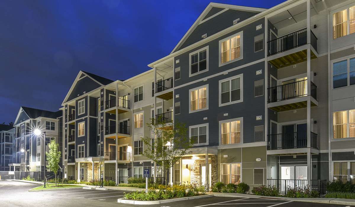 Exterior of an apartment building at J Woburn Heights in Woburn, Massachusetts