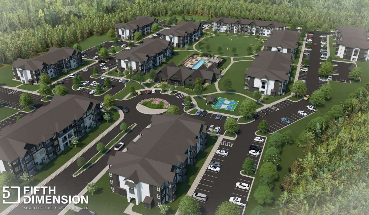 Aerial view of the community at The Flats at Crosspointe in Columbia, South Carolina