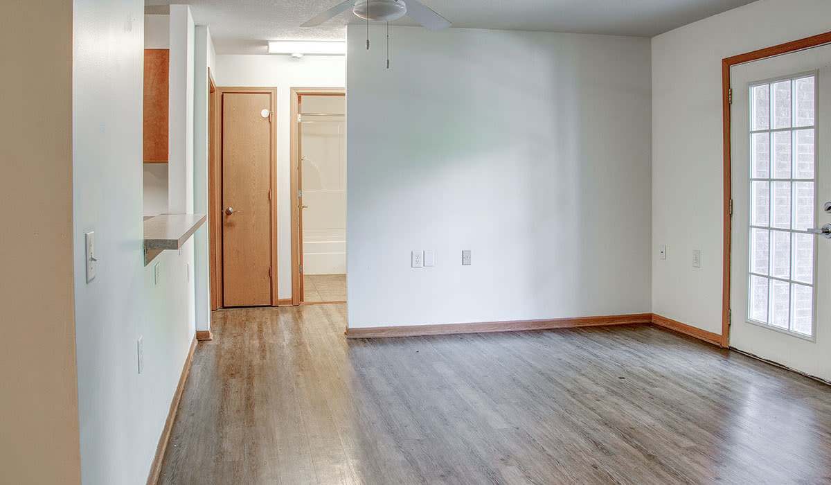 Living room with direct access to the kitchen at City View Place in Richmond, Virginia