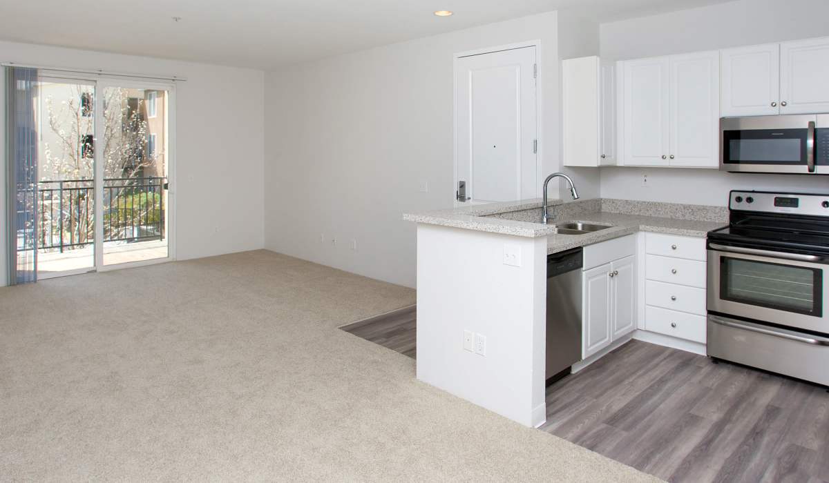 Living space with plush carpeting at Pacific Shores in Santa Cruz, California
