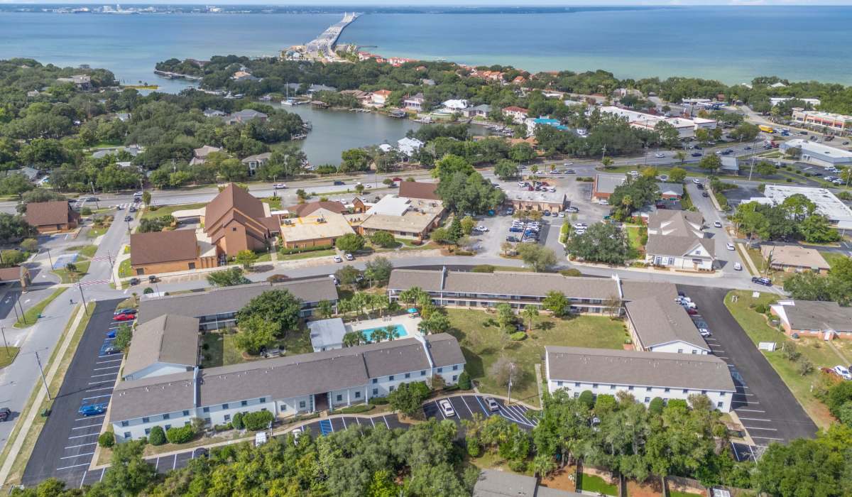 Aerial view of apartment community at Breeze Apartments in Gulf Breeze, Florida