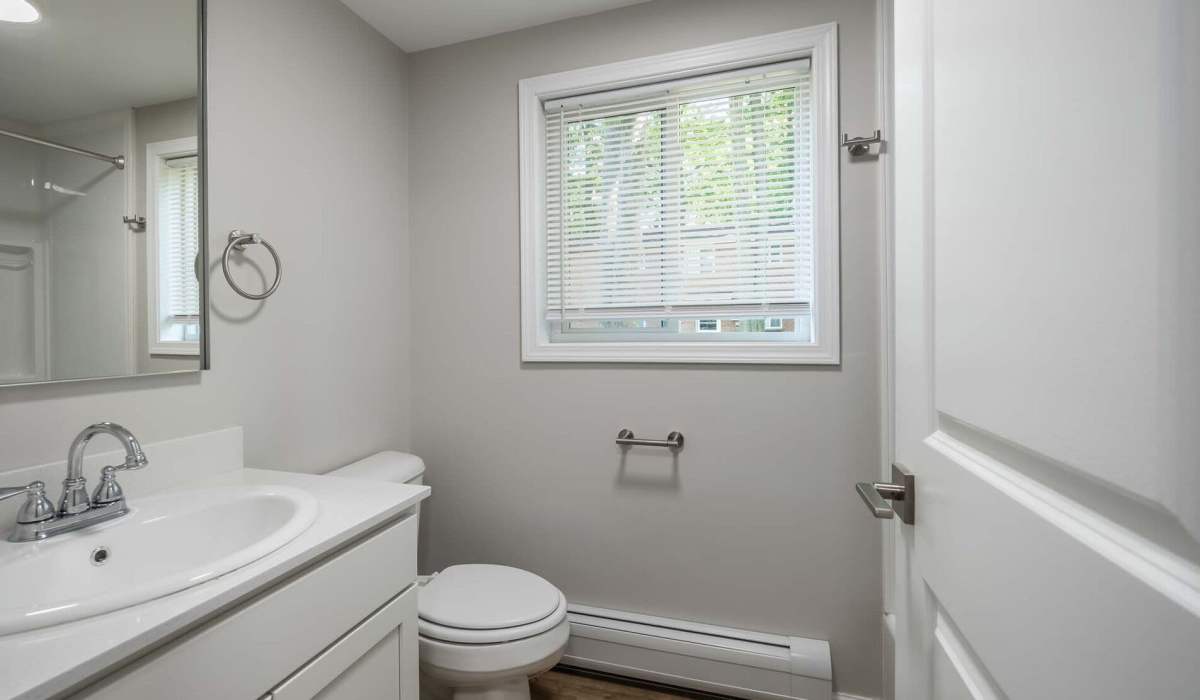 Bathroom with sink  with large mirror and window at Glenora Gardens in Rochester, New York