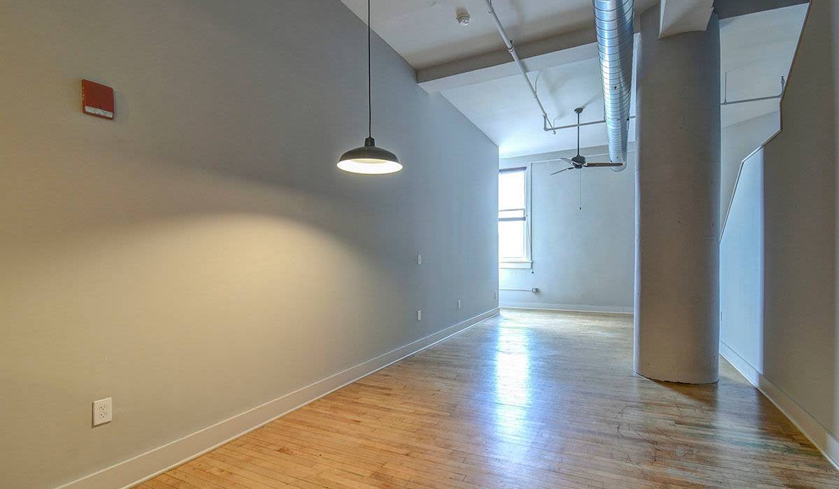 Living room at Stone Center Lofts in Wheeling, West Virginia