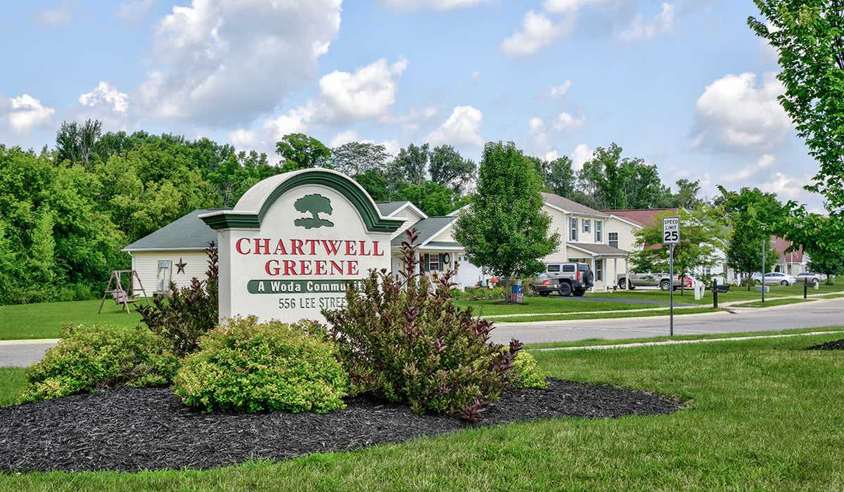 Community sign with landscaped entrance near Chartwell Greene in Mount Gilead, Ohio
