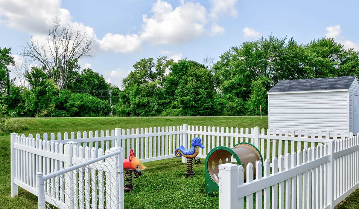 Brightly lit fenced dog park with play equipment at Chartwell Greene in Mount Gilead, Ohio