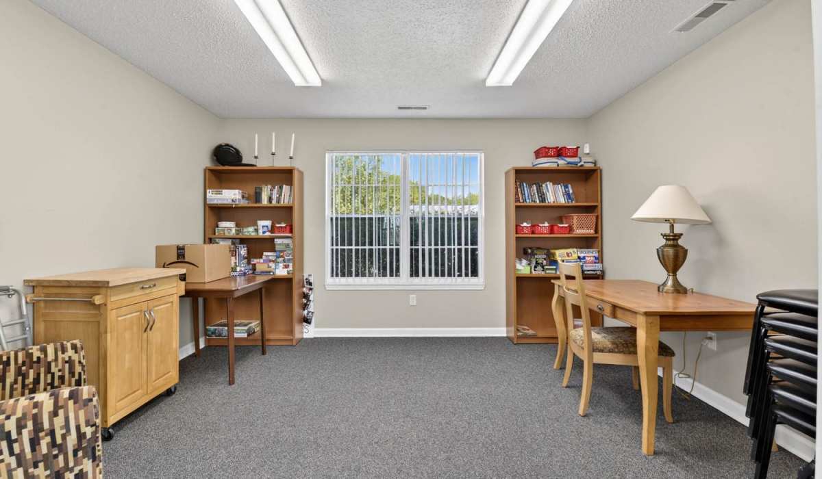 Bright study area with bookshelves at Lake Towne Senior in Walbridge, Ohio