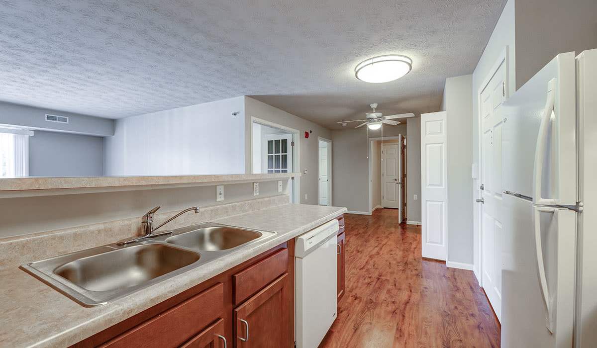 Modern kitchen with stainless steel appliances at Meridian Greene I in Wintersville, Ohio