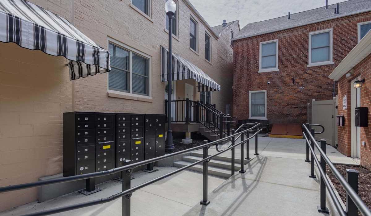 Mailboxes at community entrance with accessible ramp at St. Clairsville Courtyard in St. Clairsville, Ohio