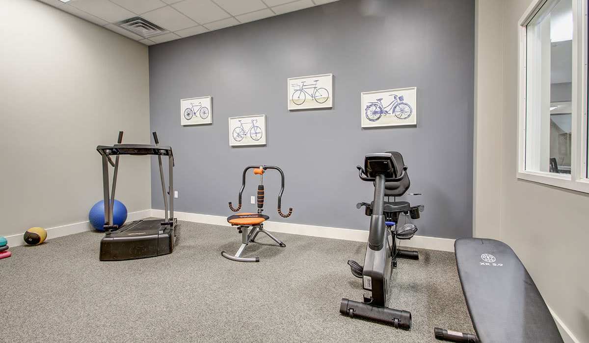Fitness room with treadmill, exercise bike, and weight bench on carpeted flooring at Lloyd House I in Menominee, Michigan