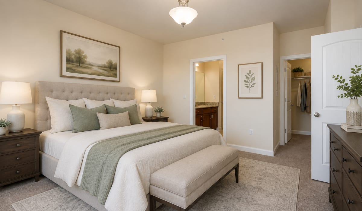 Furnished primary bedroom at Palisades of Lincolnton in Lincolnton, North Carolina